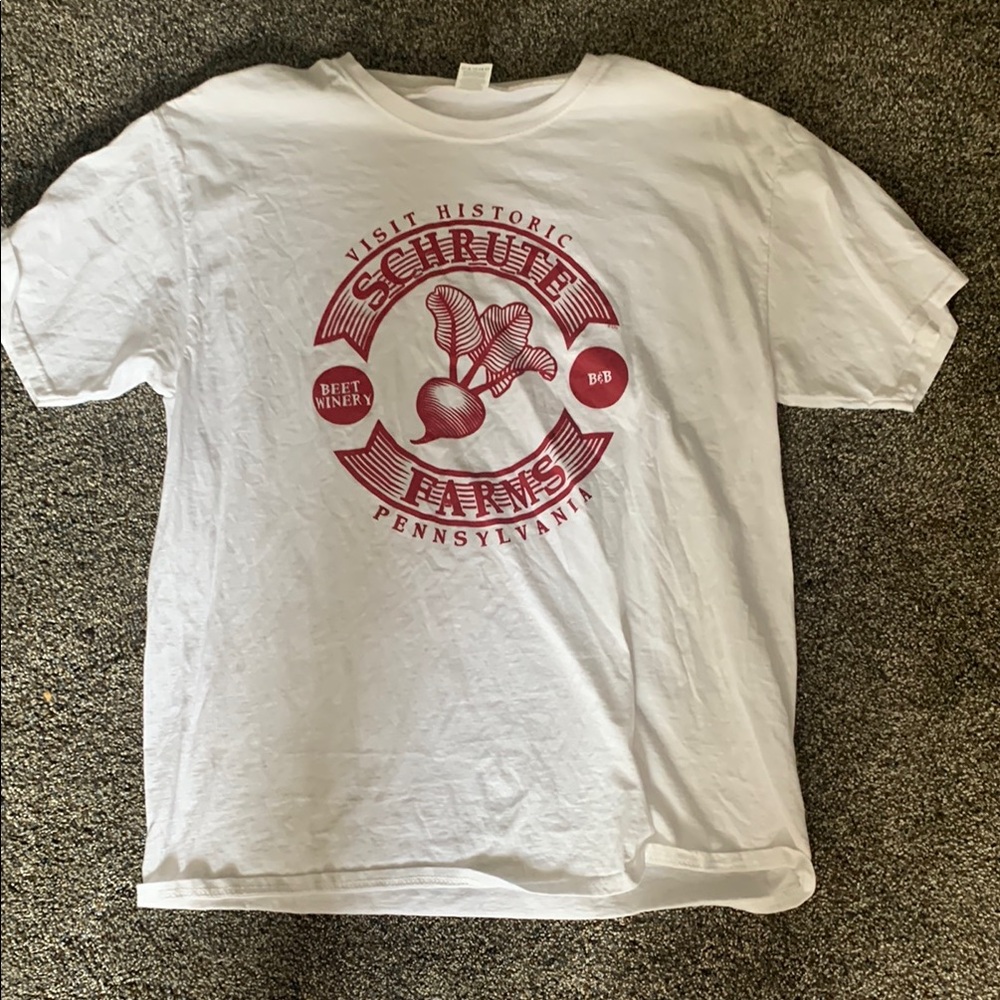 White T-Shirt with Red Schrute Farms Print